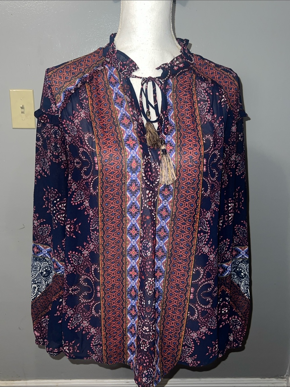 Knox Rose Navy Paisley Tie-Front Tunic with Rust & Lavender Accents
